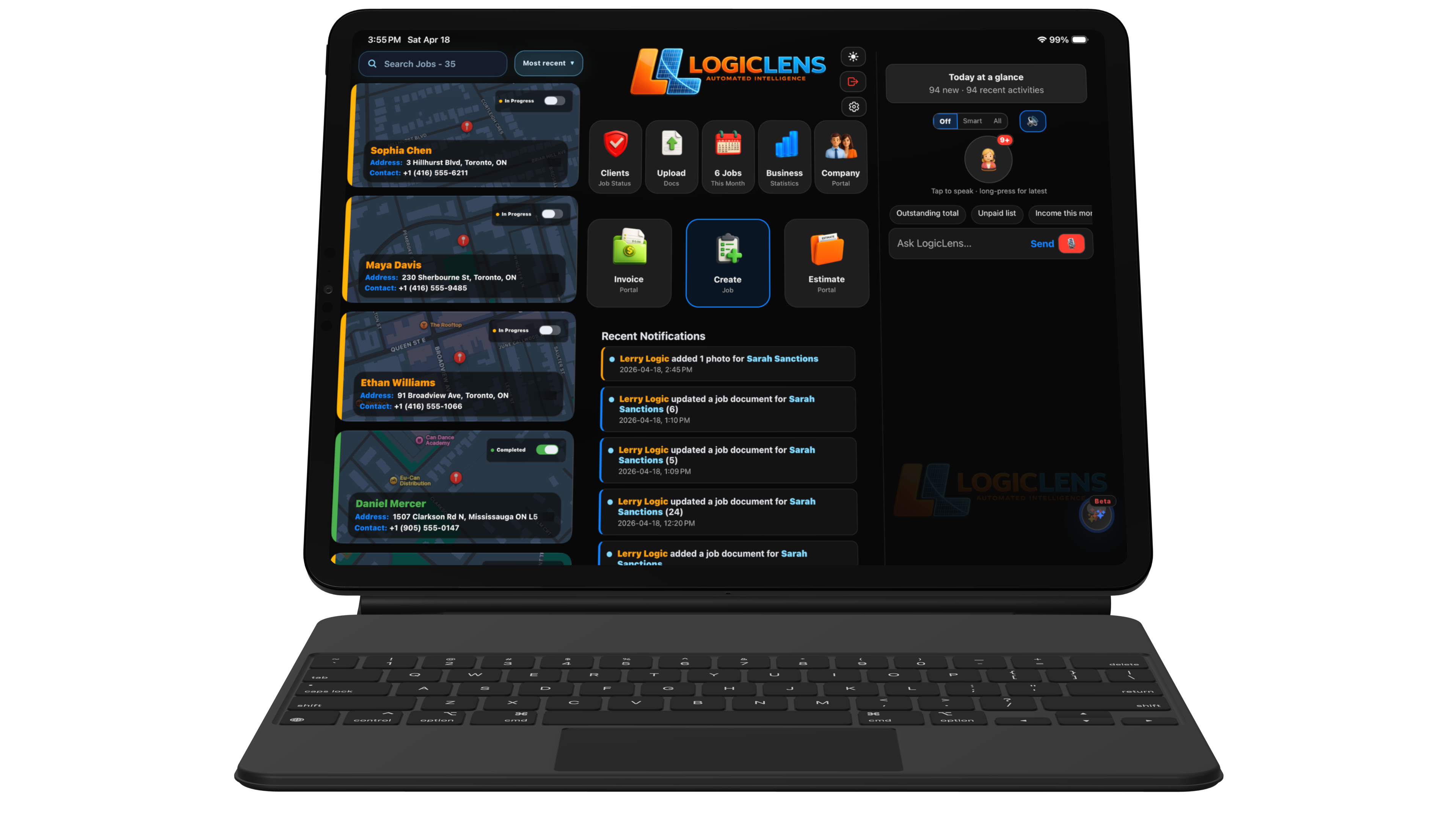 Logic Lens iPad multi-screen interface