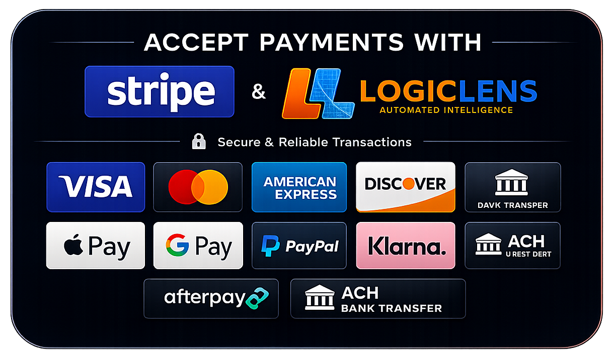 Payment methods supported through Stripe and Logic Lens