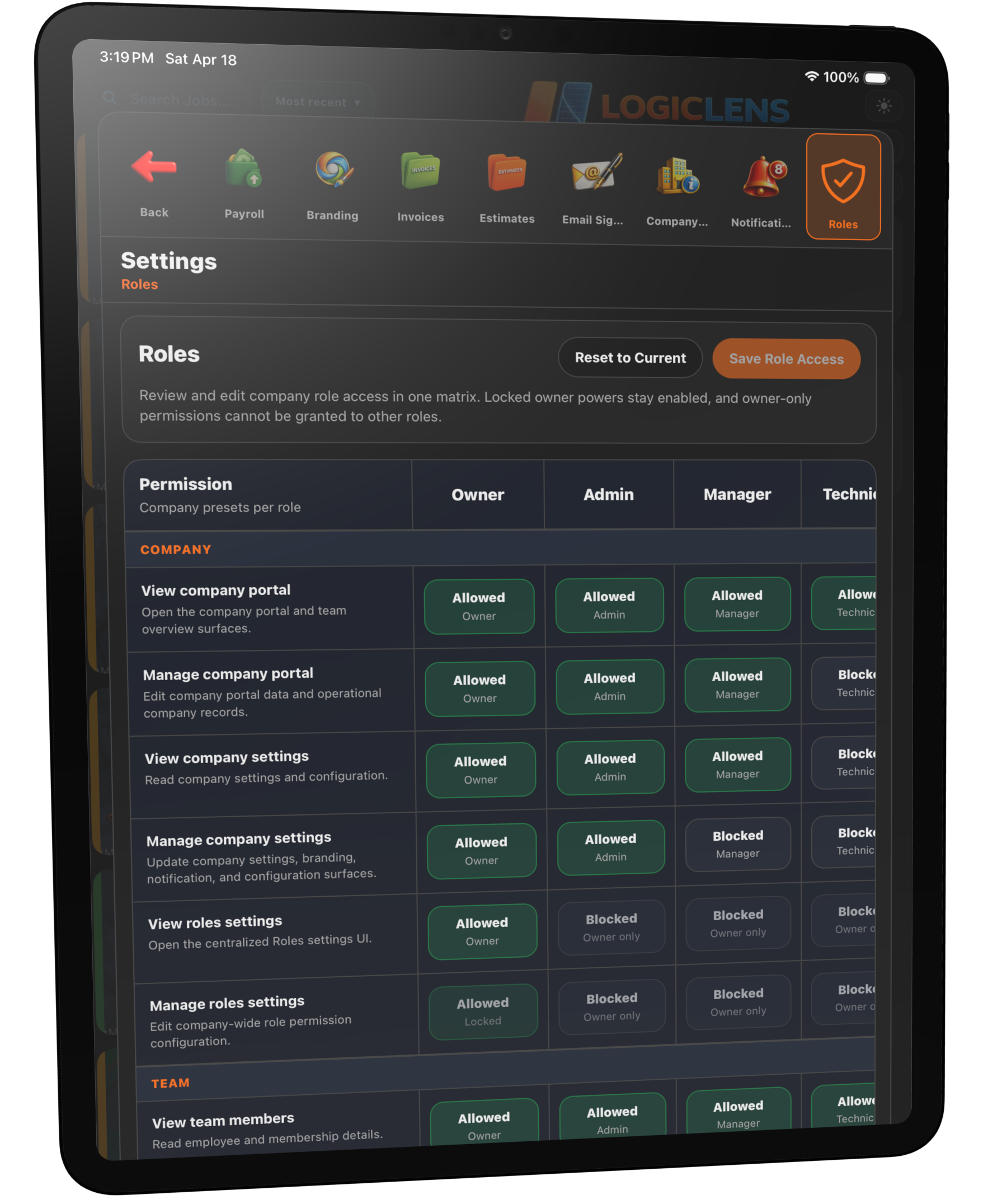 Logic Lens permission-based roles matrix